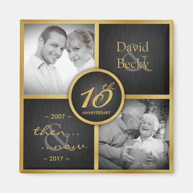 Dann & Jetzt Elegant Black & Gold 10. Hochzeit 201 Magnet (Vorne)