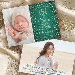 Dann & Jetzt Fotos Quinceañera Green & Gold Glitze Save The Date<br><div class="desc">Schau, wer 15 wird! Teilen Sie dann und jetzt Fotos der quinceañera mit einzigartigen 2-Foto Save the Date Einladungen. Die Bilder und alle Formulierungen auf dieser Vorlage sind einfach zu personalisieren. Mit dem Zazzle Design Editor können die Farben, Schriftart-Stile und Deckkraft des Overlays leicht angepasst werden. Das moderne Design in...</div>