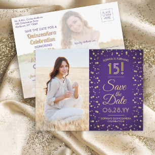 Dann & Jetzt Fotos Quinceañera Save the Date Lila Einladungspostkarte