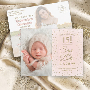 Dann & Jetzt Fotos Quinceañera Save the Date rosa Einladungspostkarte
