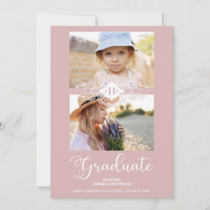 Dann & Jetzt Pink Lace Blühe Graduate Foto Einladung