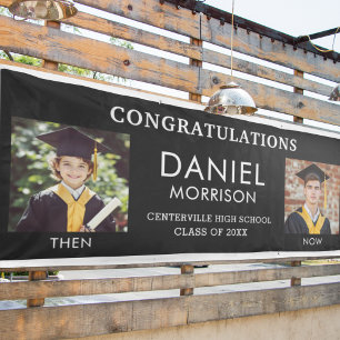 Dann & Jetzt Schwarz-weiß Foto Abschluss Grad Banner