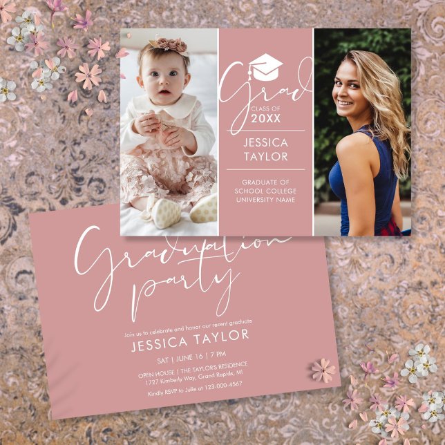 Dann und jetzt 2 Foto Pink Graduation Party Einladung (Then And Now 2 Photo Pink Graduation Party Invitation)