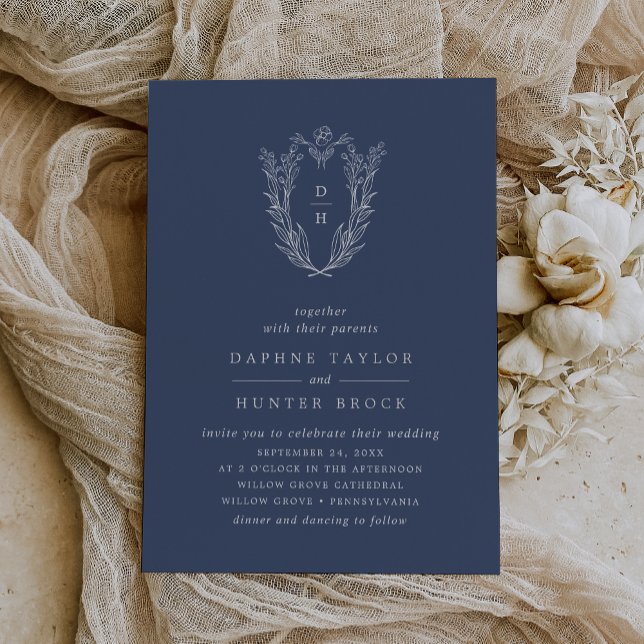 DAPHNE Dark Blue Silver Foil Botanical Wedding Folieneinladung (DAPHNE Dark Blue Silver Foil Botanical Wedding Foil Invitation)