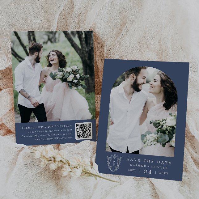 DAPHNE Dark Blue White Botanical Modern Wedding Save The Date (DAPHNE Dark Blue White Botanical Modern Wedding Save The Date)