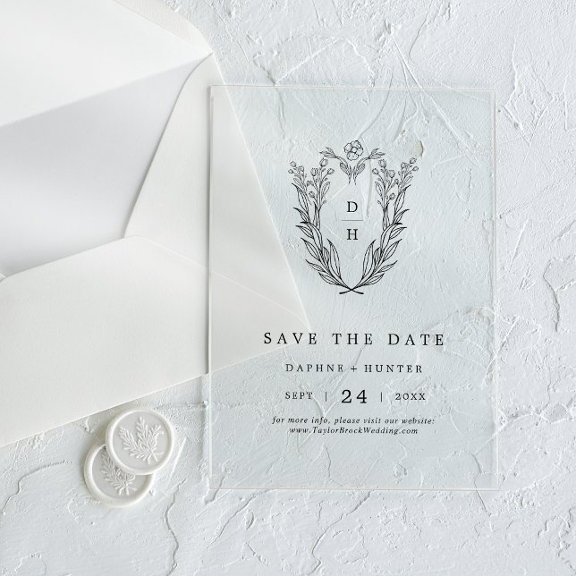 DAPHNE Floral Monogram Black Wedding Save the Date Acryleinladungen (DAPHNE Floral Monogram Black Wedding Save The Date Acrylic Invitations)