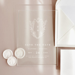 DAPHNE Floral Monogram White Wedding Save the Date Acryleinladungen