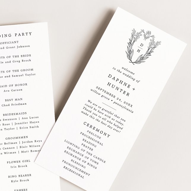 DAPHNE Greenery Schwarz-weiß Wappen Monogram Weddi Programm (DAPHNE Greenery Black White Crest Monogram Wedding Program)