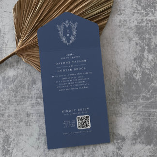 DAPHNE QR Code Dark Blue Minimalistisch Floral Wed All In One Einladung