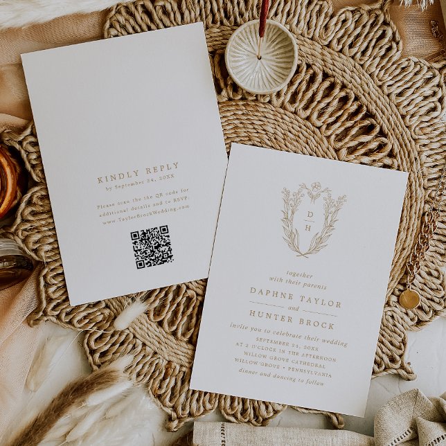 DAPHNE QR Code Gold White Floral Classy Hochzeit Einladung (DAPHNE QR Code Gold White Floral Classy Wedding Invitation)