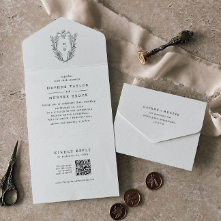 DAPHNE QR Code Schwarz-weiße Vintage Hochzeit All In One Einladung