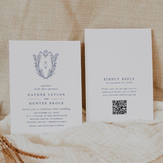 DAPHNE QR Code White Blue Minimalistisch Navy Hoch Einladung (DAPHNE QR Code White Blue Minimalist Navy Wedding Invitation)