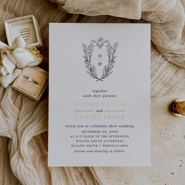 DAPHNE Schwarz-weiß Gold Monogram Greenerity Weddi Folieneinladung (DAPHNE Black White Gold Monogram Greenery Wedding Foil Invitation)