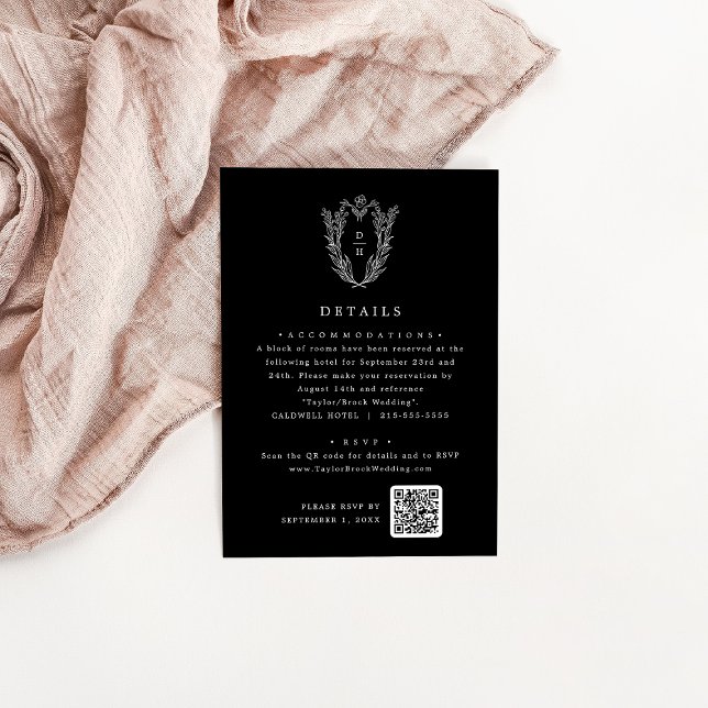 DAPHNE Simple Dark Black Botanical Wedding Details Begleitkarte (DAPHNE Simple Dark Black Botanical Wedding Details Enclosure Card)