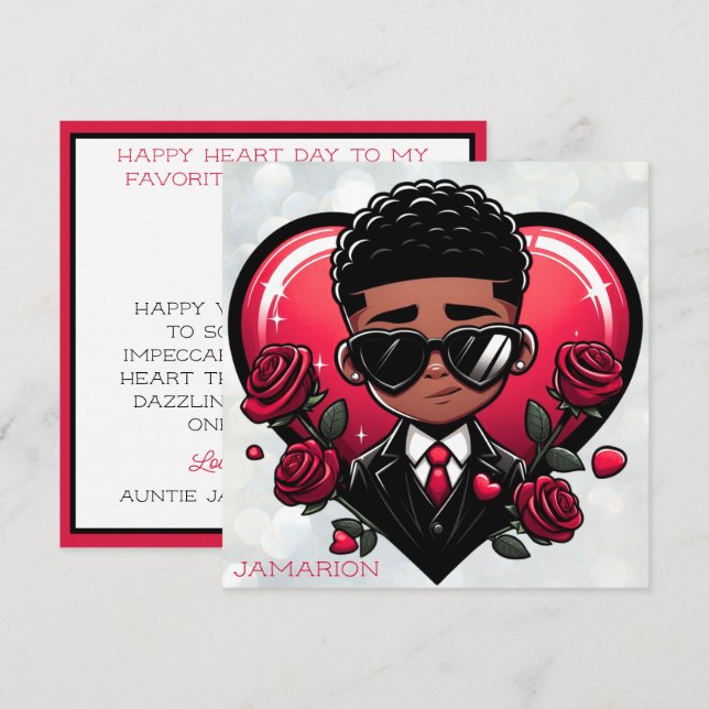 Dapper African American Boy Red Heart Valentine Karte (Vorne/Hinten)