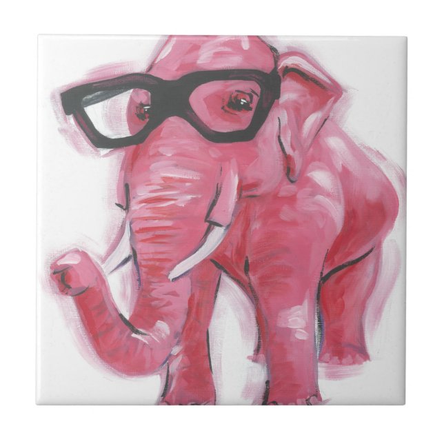 Dapper Animal | Rosa Elefant in Brille Fliese (Vorderseite)
