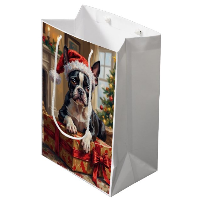 Dapper Boston Terrier Dog Christmas Gift Mittlere Geschenktüte (Vorderseite Schrägansicht)