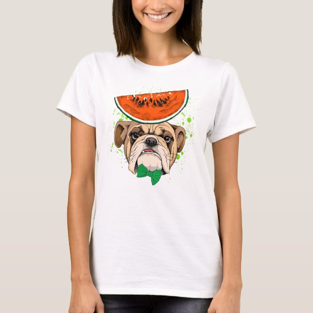 Dapper Bulldog mit Watermelon Hat & Green Bow Kraw T-Shirt (Vorderseite)