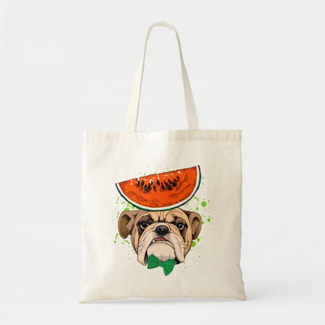 Dapper Bulldog mit Watermelon Hat & Green Bow Kraw Tragetasche (Vorne)