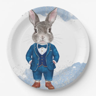 Dapper Bunny in einem Blue Anzug Boy und Bowtie Bi Pappteller