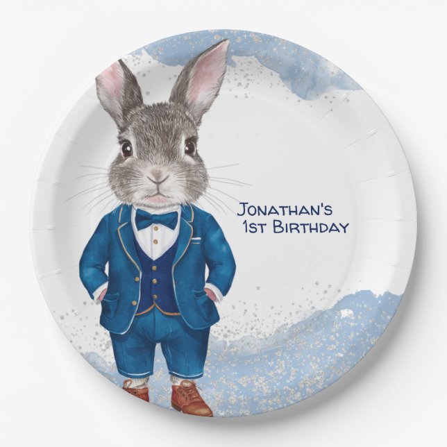 Dapper Bunny in einem Blue Anzug Boy und Bowtie Bi Pappteller (Vorderseite)