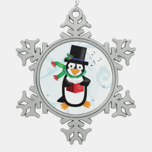 Dapper Caroling Pinguin Schneeflocken Zinn-Ornament