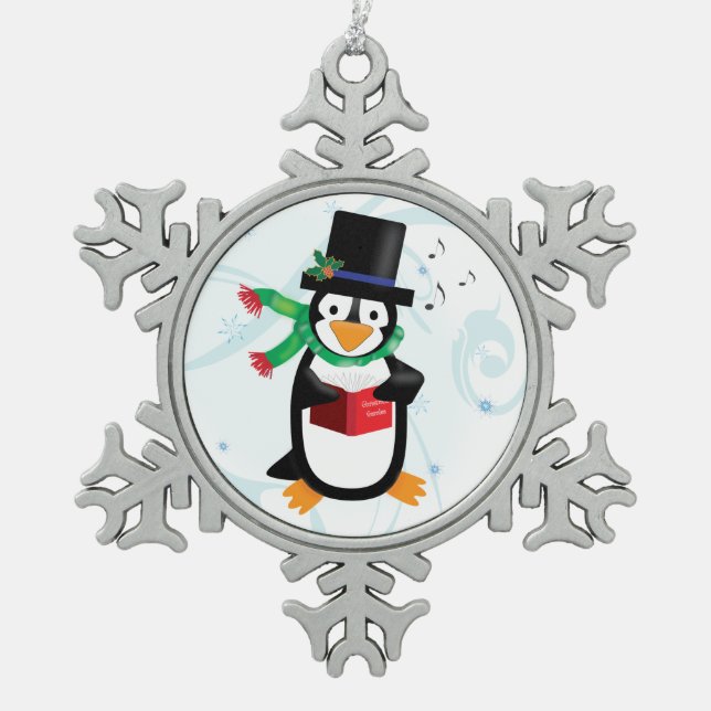Dapper Caroling Pinguin Schneeflocken Zinn-Ornament (Vorderseite)