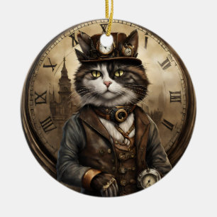 Dapper Steampunk Calico Cat Keramik Ornament