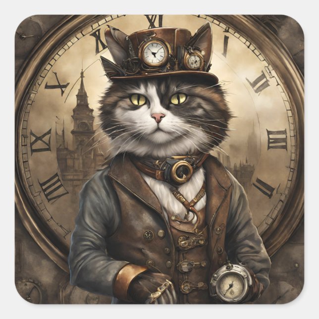 Dapper Steampunk Calico Cat Quadratischer Aufkleber (Vorderseite)