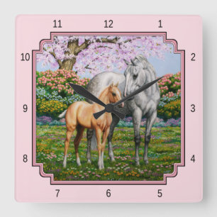 Dapple Gray Quarter Horse Mare Palomino Foal Pink Quadratische Wanduhr