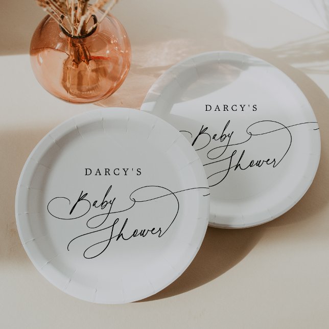 DARCY Moderne Minimalistische Schwarz-weiße Babydu Pappteller (DARCY Modern Minimalist Black White Baby Shower Paper Plates)