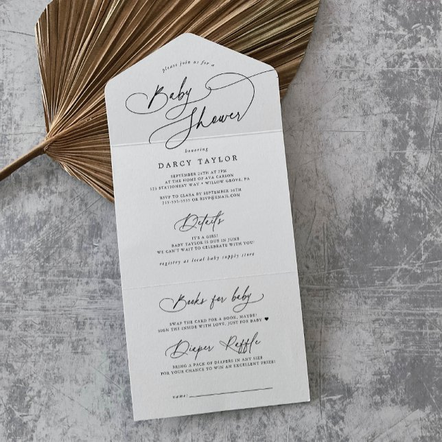 DARCY Moderne Schwarz-weiße Windelwaschmaschine All In One Einladung (DARCY Modern Black White Diaper Raffle Baby Shower All In One Invitation)