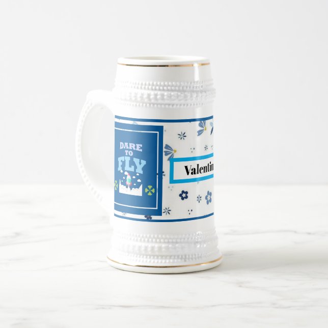 Dare to Fly Mug – Blue Floral Inspirational Patter Bierglas (Vorderseite Links)