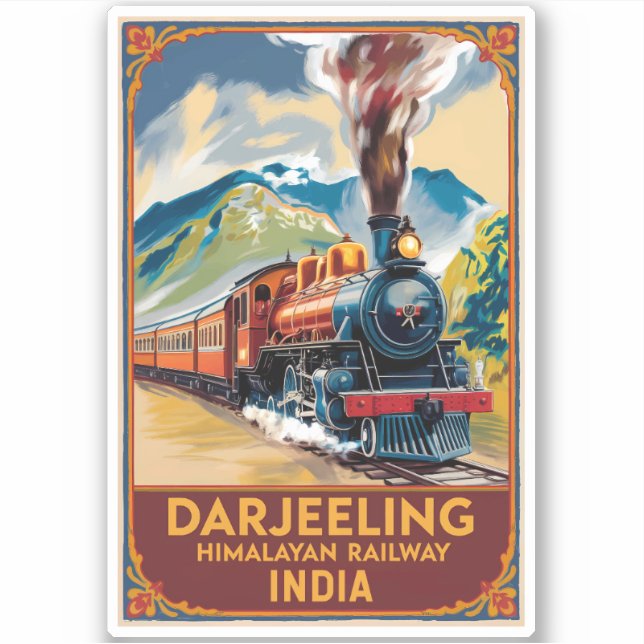 Darjeeling India Train Painterly Travel Art Retro Aufkleber (Vorderseite)