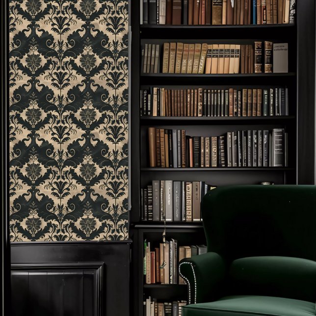 Dark Academia Black and Beige Decorative Tapete (Dark Academia Black and Beige Decorative Wallpaper in a library.)