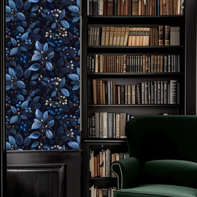 Dark Academia Blue Fauna Tapete (Dark Academia Blue Fauna Wallpaper in a library.)