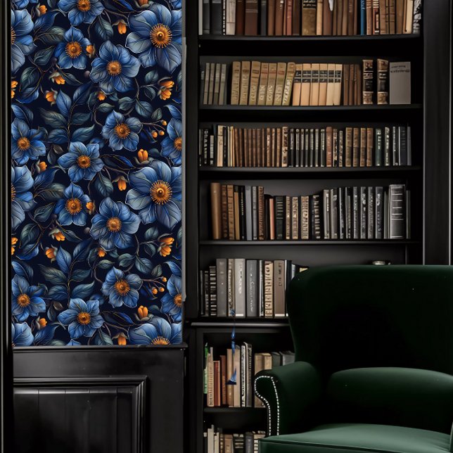 Dark Academia Blue Floral Tapete (Dark Academia Blue Floral Wallpaper in a library.)