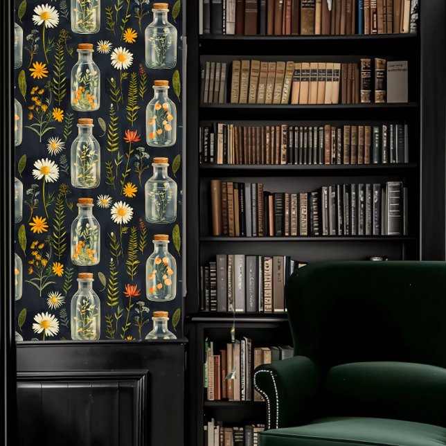 Dark Academia Flaschenfüllte Blume Tapete (Dark Academia Bottled Flowers Wallpaper  in a library.)