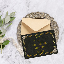 Dark Academia Gothic Black Gold Elegant Wedding RSVP Karte