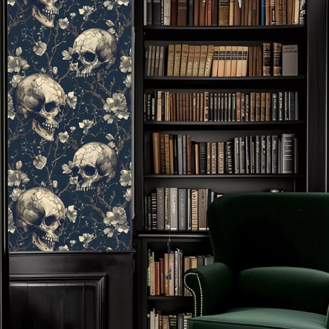 Dark Academia Gray Skulls Tapete (Dark Academia Gray Skulls Wallpaper in a library.)