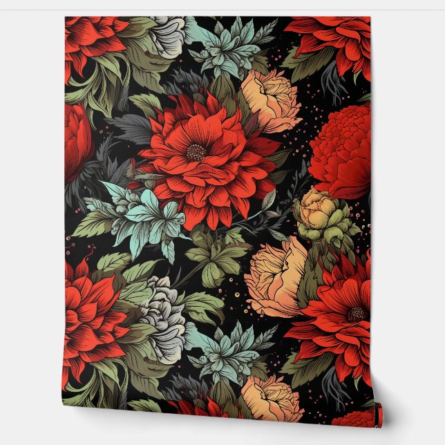 Dark Academia Maximalist Red Dahlia Floral Tapete (Abrollen)