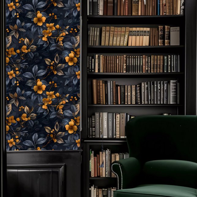 Dark Academia Orange und Blue Floral Tapete (Dark Academia Orange and Blue Floral Wallpaper in a library.)