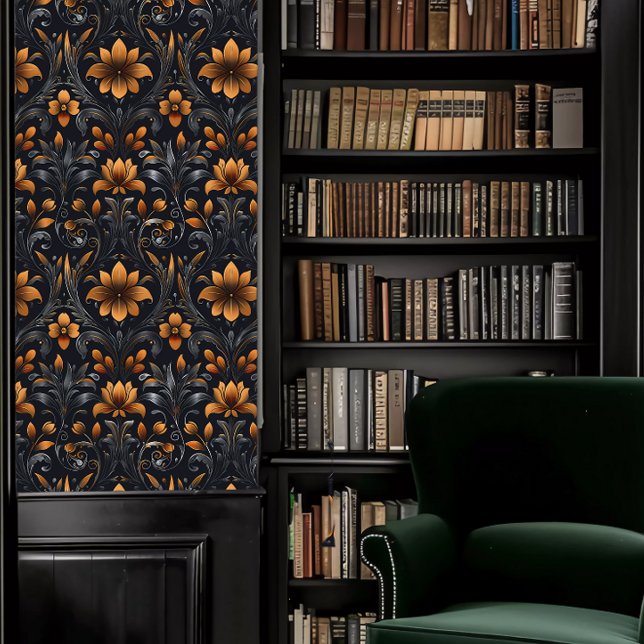 Dark Academia Orange und Grau Decorative Fleur Tapete (Dark Academia Orange and Gray Decorative Fleur Wallpaper in a library.)