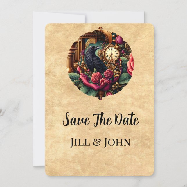 Dark Academia Raven and Clockwork Save the Date (Vorderseite)