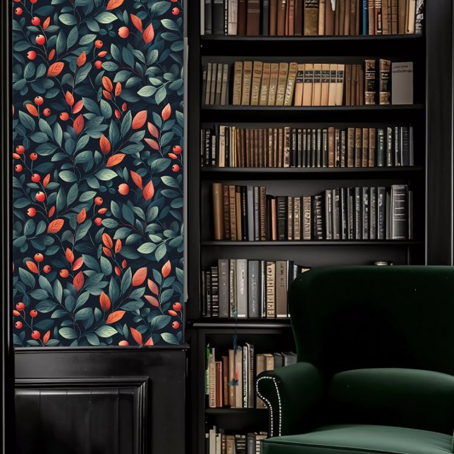 Dark Academia Red and Aquamarin Foliates Tapete (Dark Academia Red and Teal Foliage Wallpaper in a library.)
