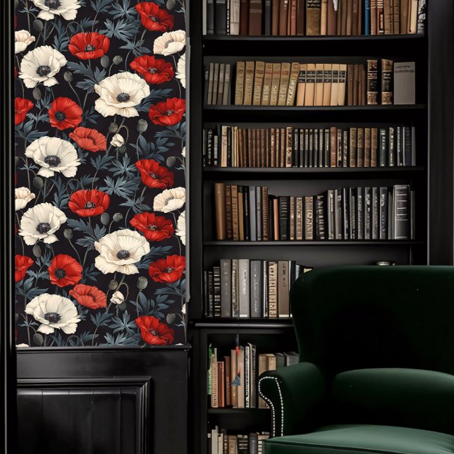 Dark Academia Red and White Poppies Tapete (Dark Academia Red and White Poppies Wallpaper in a library.)