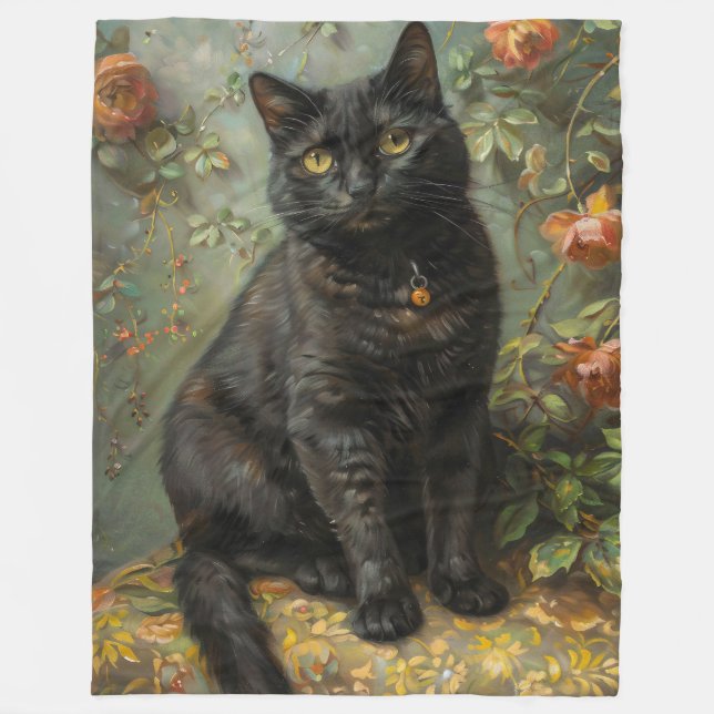 Dark Academia Schwarze Katze & Rosen Ölmalerei Fleecedecke (Vorderseite)