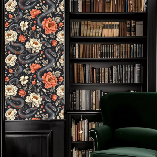 Dark Academia Snakes & Red and White Flowers Tapete (Dark Academia Snakes & Red and White Flowers Wallpaper in a library.)