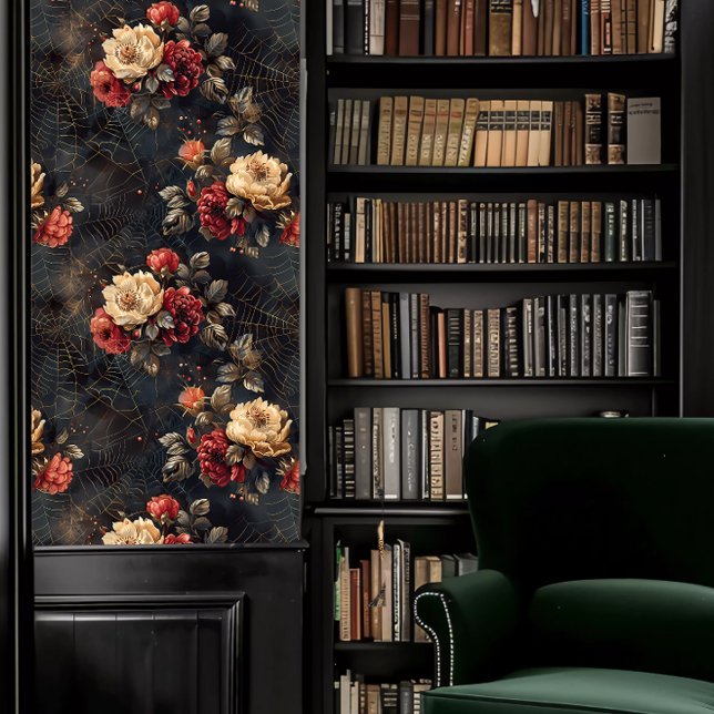 Dark Academia Spider Webs mit Rot-Weiß-Blume Tapete (Dark Academia Spider Webs with Red & White Flowers Wallpaper in a library.)