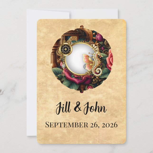 Dark Academia Steampunk Clock Wedding Invitation Einladung (Vorderseite)